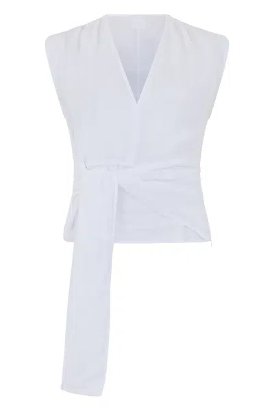 120% Lino Linen Sleeveless Blouse With V-neck And Knot Tie Belt In White