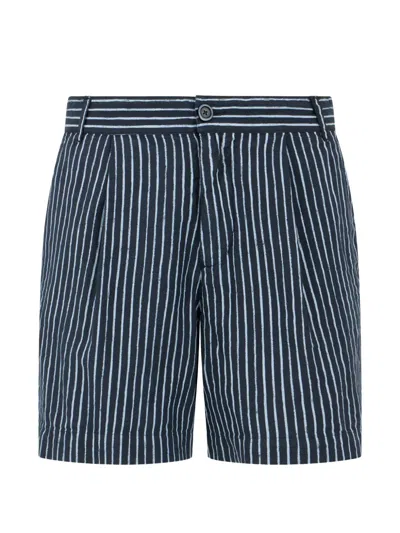 120% Lino Linen Striped Shorts In Blue