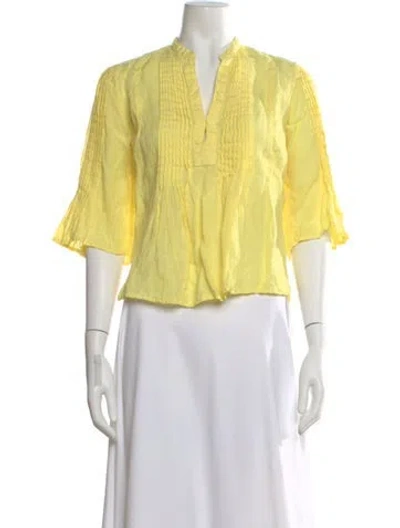 Pre-owned 120% Lino Linen Three-quarter Sleeve Blouse In Yellow