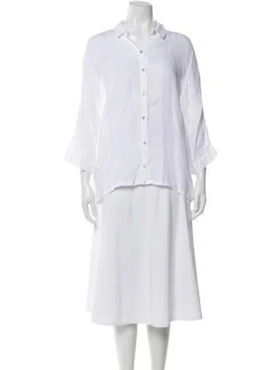 Pre-owned 120% Lino Linen Three-quarter Sleeve Button-up Top In White