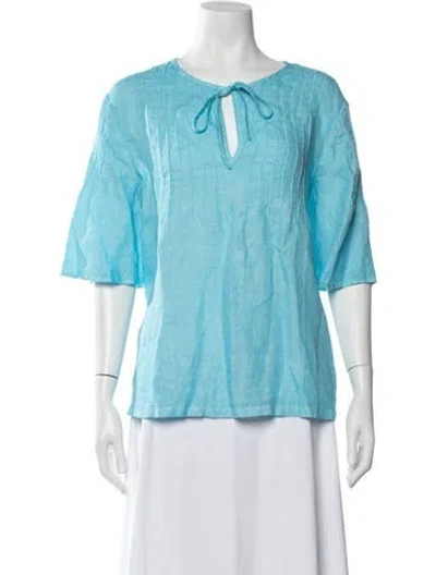 Pre-owned 120% Lino Linen Tie Neck Blouse In Blue