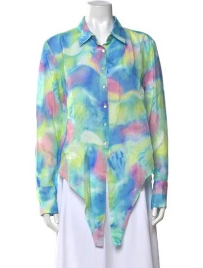 Pre-owned 120% Lino Linen Tie-dye Print Button-up Top W/ Tags In Blue