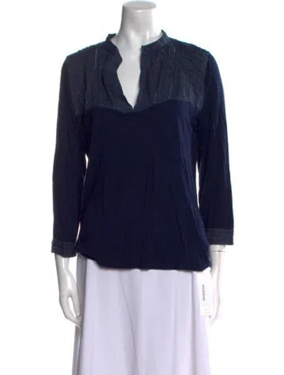 Pre-owned 120% Lino Linen V-neck Blouse In Blue