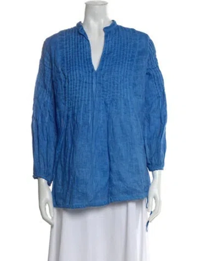 Pre-owned 120% Lino Linen V-neck Blouse In Blue