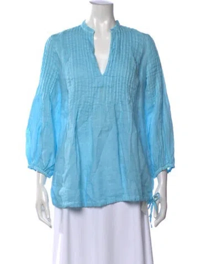 Pre-owned 120% Lino Linen V-neck Blouse In Blue