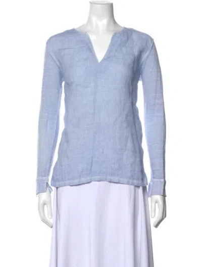 Pre-owned 120% Lino Linen V-neck Blouse In Blue