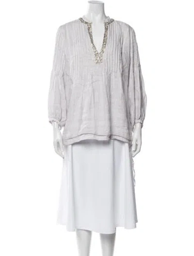 Pre-owned 120% Lino Linen V-neck Blouse In Neutrals
