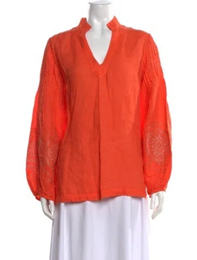 Pre-owned 120% Lino Linen V-neck Blouse In Orange