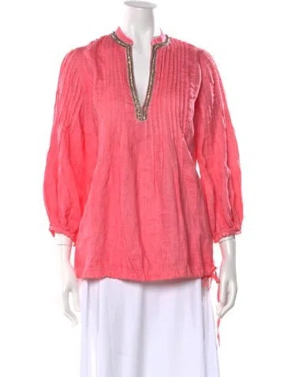 Pre-owned 120% Lino Linen V-neck Blouse In Pink