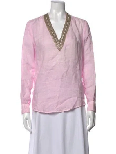 Pre-owned 120% Lino Linen V-neck Blouse In Pink