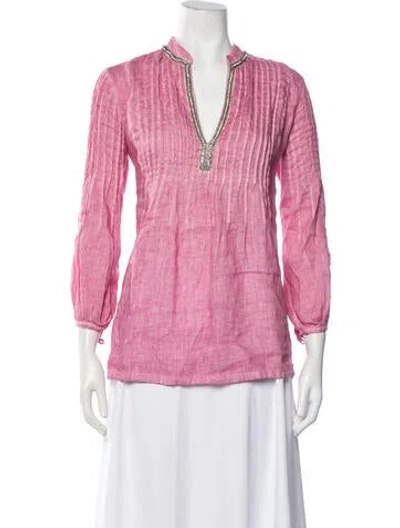 Pre-owned 120% Lino Linen V-neck Blouse In Pink