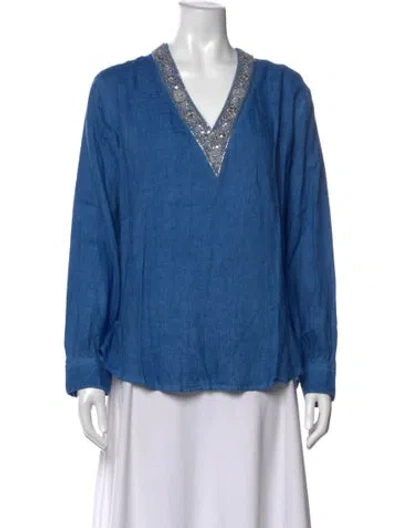 Pre-owned 120% Lino Linen V-neck Blouse W/ Tags In Blue