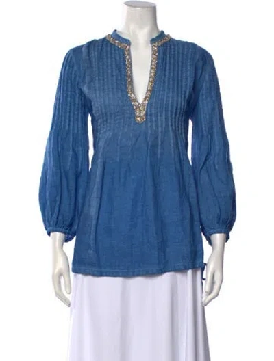 Pre-owned 120% Lino Linen V-neck Blouse W/ Tags In Blue