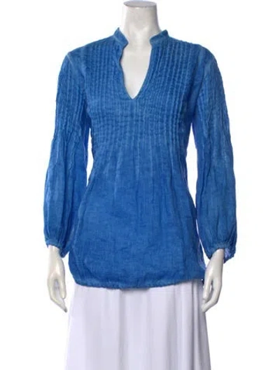 Pre-owned 120% Lino Linen V-neck Blouse W/ Tags In Blue