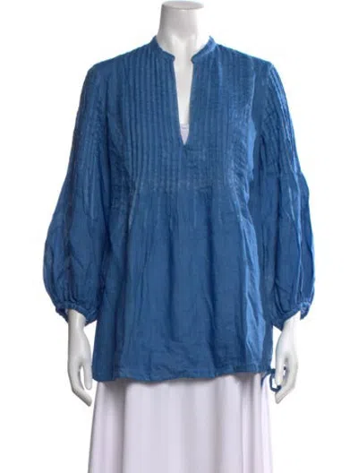 Pre-owned 120% Lino Linen V-neck Blouse W/ Tags In Blue