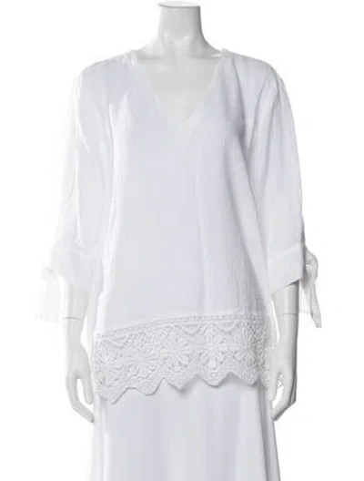 Pre-owned 120% Lino Linen V-neck Blouse W/ Tags In White