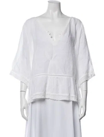 Pre-owned 120% Lino Linen V-neck Blouse In White