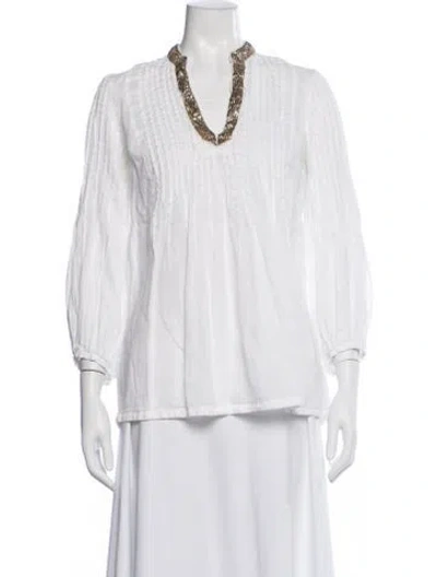 Pre-owned 120% Lino Linen V-neck Blouse In White