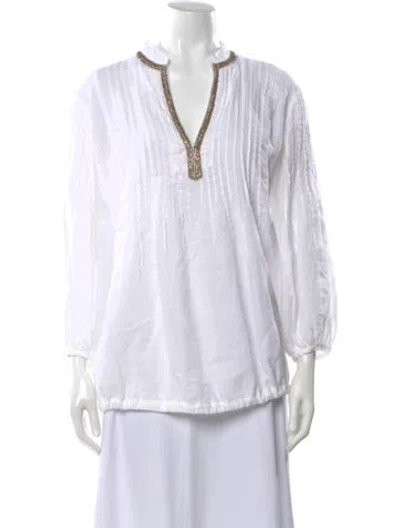 Pre-owned 120% Lino Linen V-neck Blouse In White