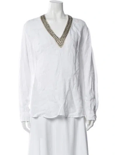 Pre-owned 120% Lino Linen V-neck Blouse In White