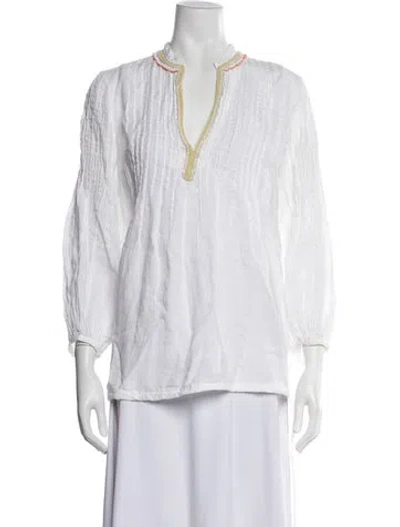 Pre-owned 120% Lino Linen V-neck Blouse In White