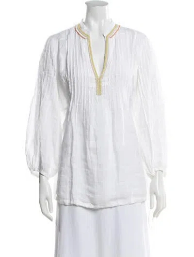 Pre-owned 120% Lino Linen V-neck Blouse In White