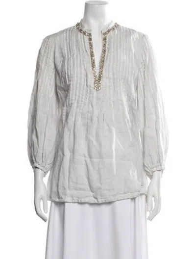 Pre-owned 120% Lino Linen V-neck Blouse In White