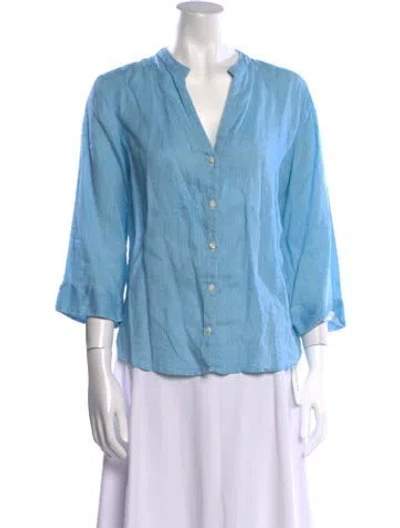 Pre-owned 120% Lino Linen V-neck Button-up Top In Blue