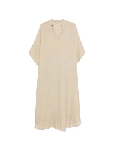 120% Lino Linen V-neck Kaftan With Side Slits In Beige