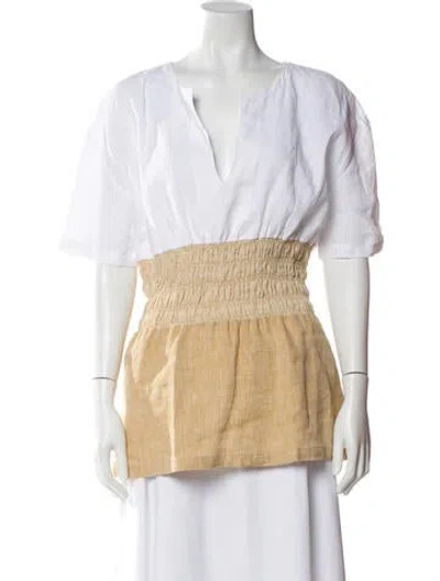 Pre-owned 120% Lino Linen V-neck Top In Neutral