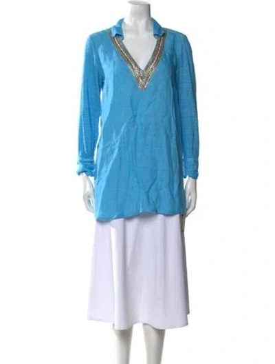 Pre-owned 120% Lino Linen V-neck Tunic In Blue