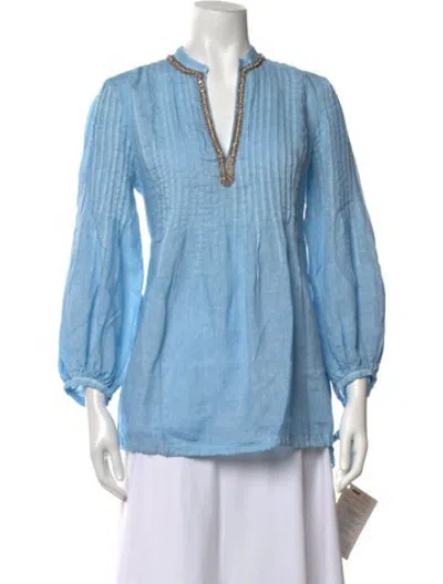 Pre-owned 120% Lino Linen V-neck Tunic W/ Tags In Blue