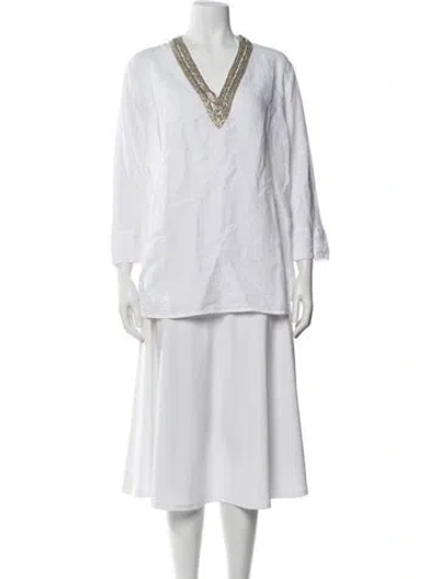Pre-owned 120% Lino Linen V-neck Tunic In White