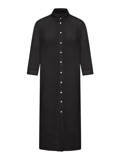 120% Lino Long Linen Chemisier Dress In Black
