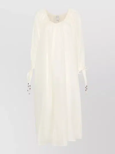 120% Lino Long Linen Cotton Dress Sheer Sleeves In White