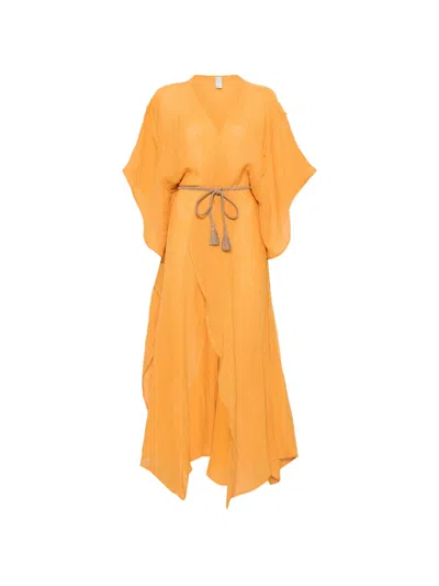 120% Lino Long Linen Dress With Adjustable Waist Belt And Short Sleeves In Arancione