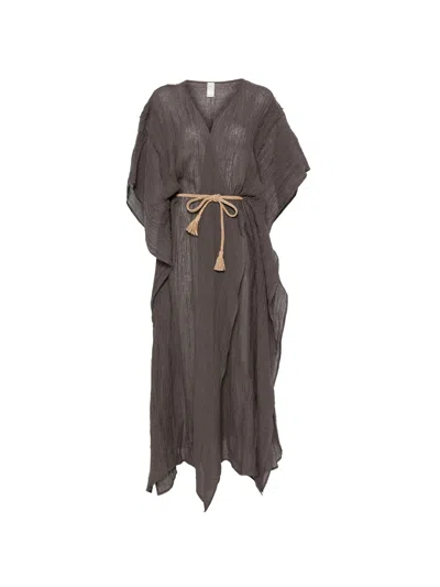 120% Lino Long Linen Dress With Adjustable Waist Belt And Short Sleeves In Brown