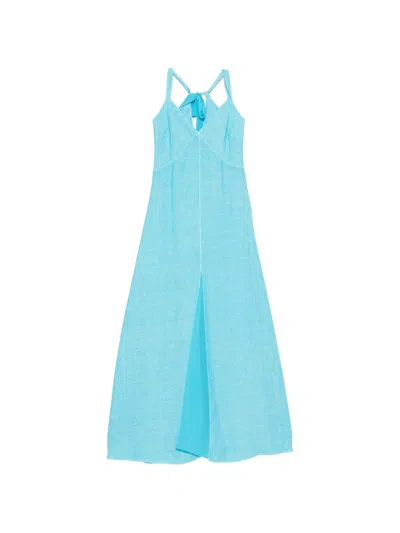 120% Lino Long Linen Dress With Shoulder Straps And V-neck For Women In Blue