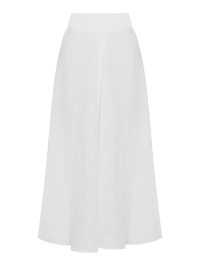 120% Lino Long Linen Flower Skirt With Waistband In White