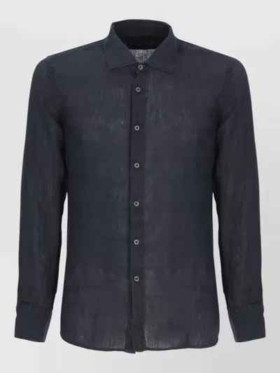 120% Lino Long Sleeve Linen Shirt Button Down Collar In Blue