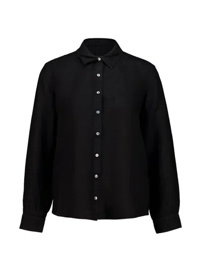 120% Lino Long-sleeve Button-down Linen Shirt In Black