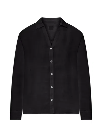 120% Lino Linen Shirt With Collar And V-neck In Black
