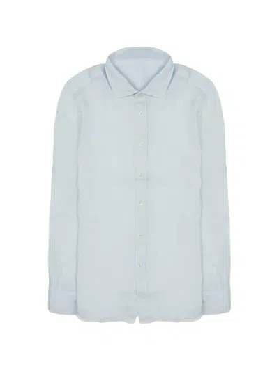 120% Lino Minimalist Slim-fit Linen Casual Shirt In Blue