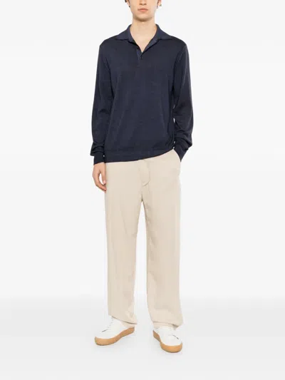 120% Lino Long-sleeve Polo Shirt In Blue