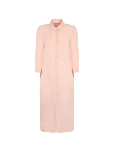 120% Lino Long-sleeve Shirt Midi Dress In Pink