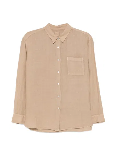 120% Lino Long-sleeved Linen Shirt With Front Pocket - Perfect For Every Woman's Wardrobe In Brown