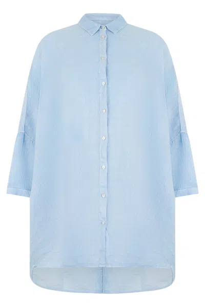 120% Lino Loose Linen Shirt With 3/4 Sleeves In Light Blue
