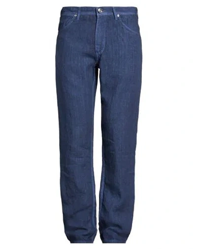 120% Lino Man Pants Navy Size 34 Linen In Blue