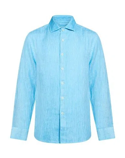 120% Lino Man Shirt Azure Size L Linen In Blue