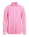 120% Lino Man Shirt Fuchsia Size 3xl Linen In Pink